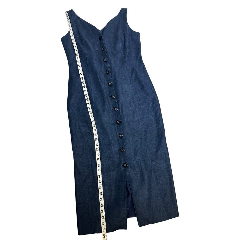 Vtg 90s Navy Blue 100% Linen Maxi Dress Button Front Open Back Resort Coastal 14 - Picture 13 of 15